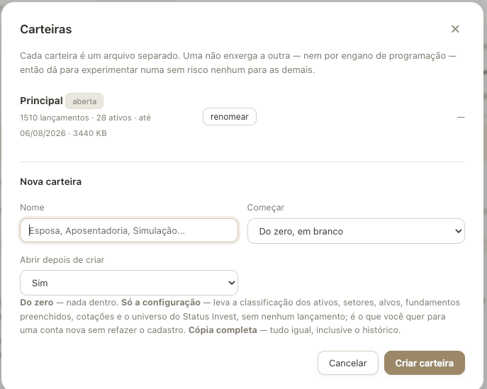 Criar do zero, só a configuração, ou cópia completa — cada uma em seu arquivo.